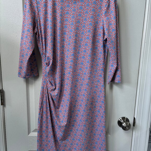 J. McLaughlin Side Ruched 3/4 Sleeve Blue Red Dress Size M Catalina Cloth - Picture 1 of 8